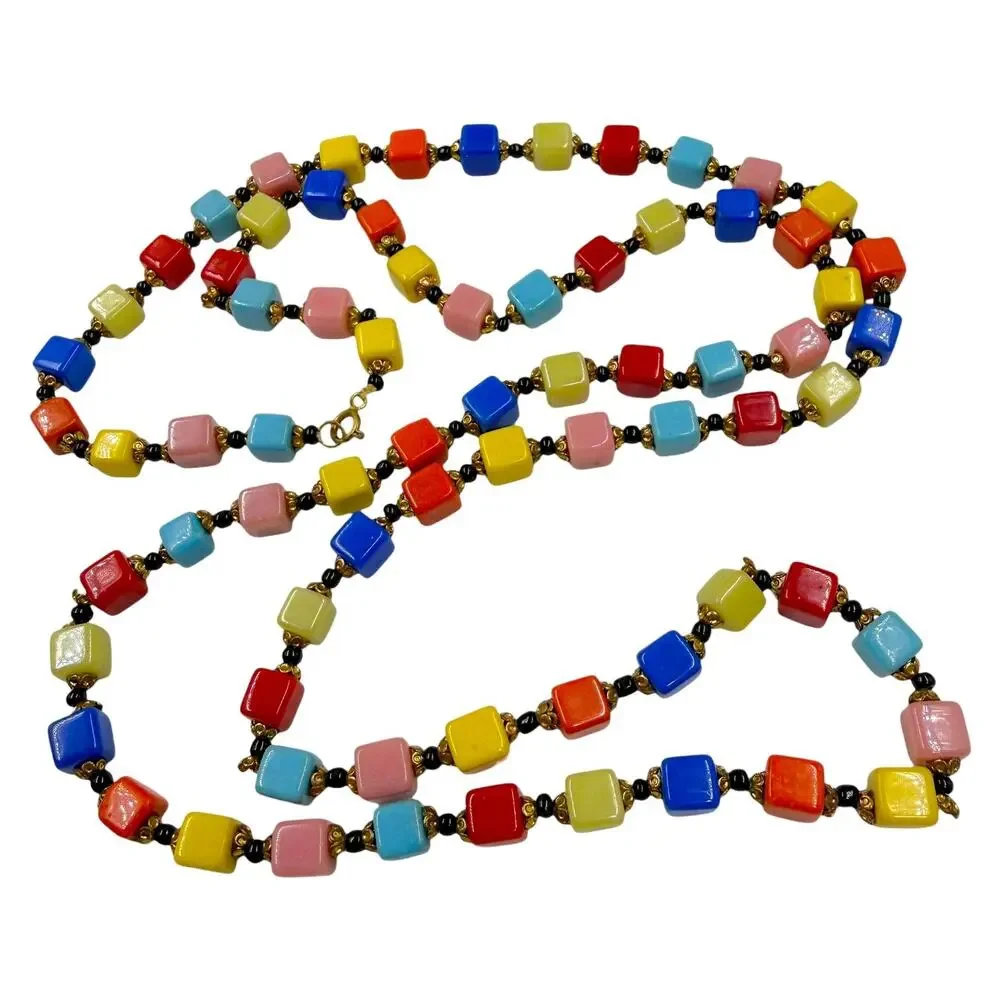 Vintage Czech Glass Cube Bead Harlequin Long Strand Art Deco Rainbow Necklace